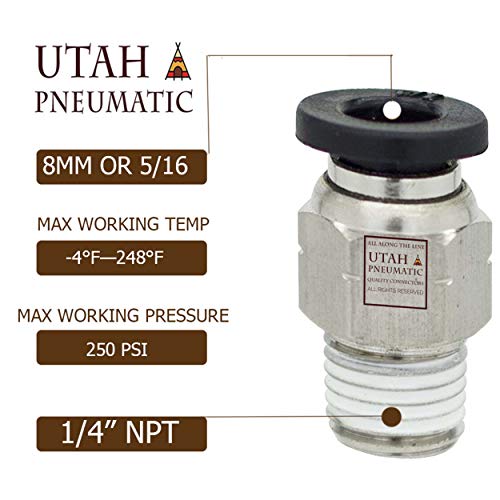 Utah Pneumatic Push to Connect Air Fittings 8mm Od 1/4" Npt Straight Union Nylon & Nickel-Plated Brass Pneumatic Fittings Air Line Fittings Air Fitting Union Fitting Pneumatic Connectors Pack of 10
