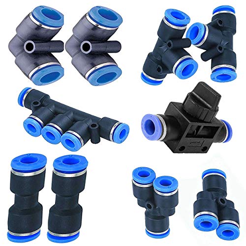 8mm or 5/16 od Push to Connect air line Tube Fittings Pneumatic Fittings kit 2 Spliters+2 Elbows+2 tee+2 Straight+1 Manifold+ Hand Valves air line Quick Connect 10 Pack